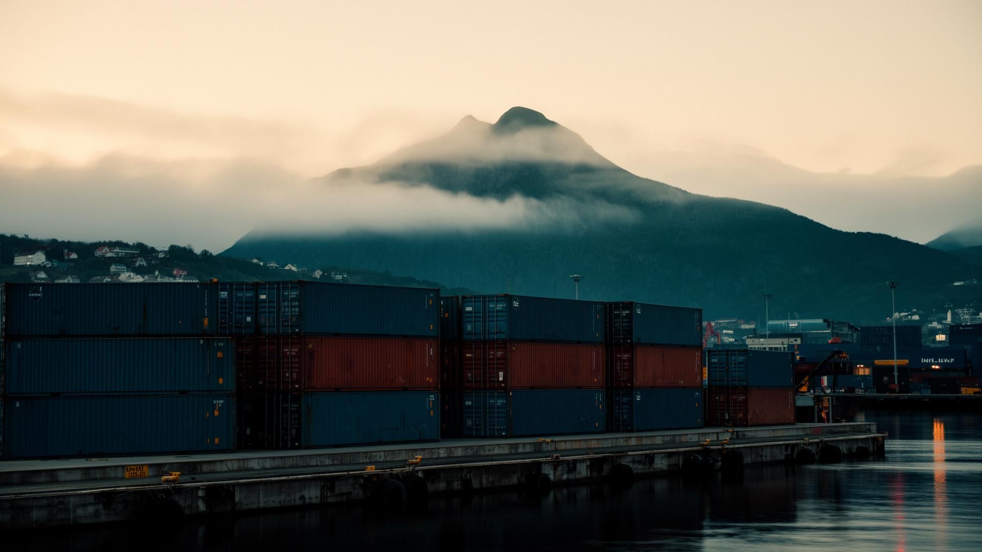 Bergen harbour at blue hour, containers and fjord